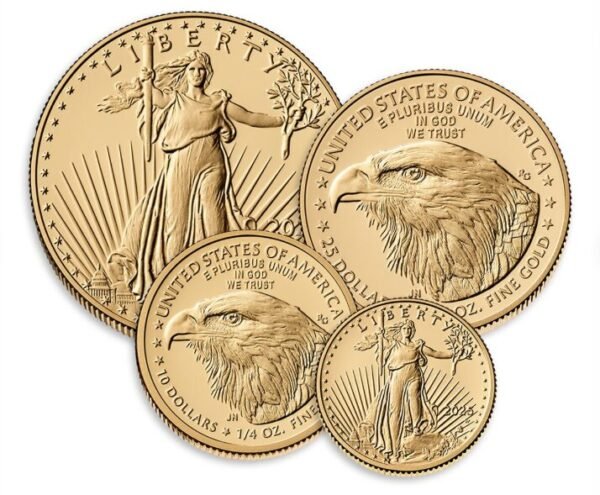 American Eagle 2025 Gold Proof Four-Coin Set complete display