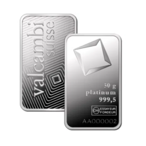 50 gram Valcambi Suisse platinum bar in assay card containing .9995 fine platinum